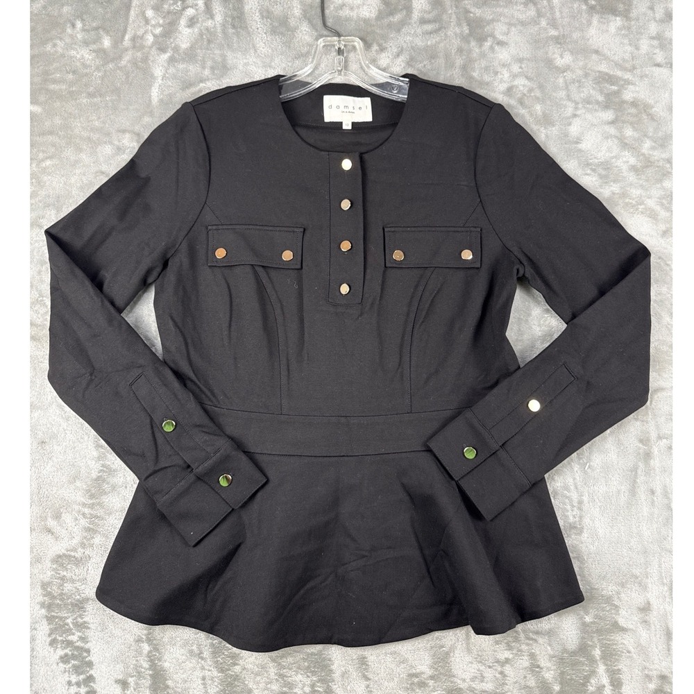 Damsel in a Dress Black Peplum Top Gold Button Military Style Blouse Size 12